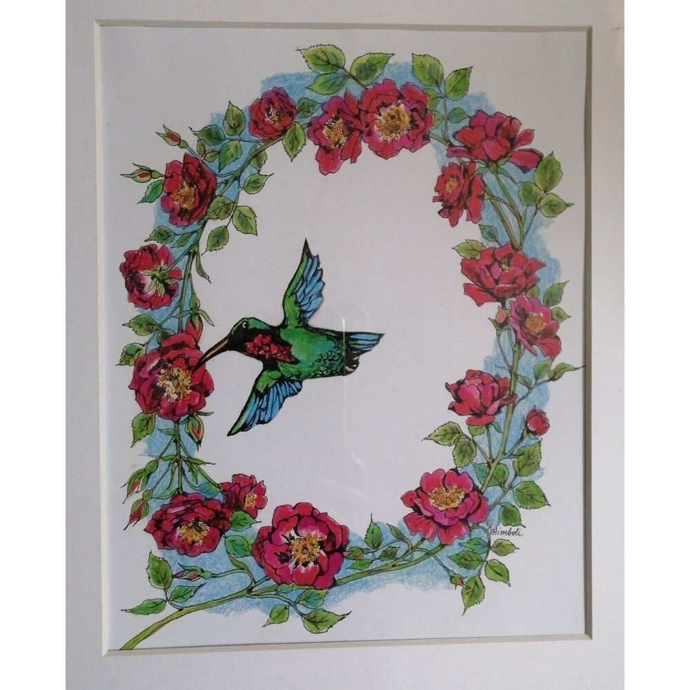 Original Watercolor Painting Signed Hummingbird and Rose Matted & Framed 13"x16"